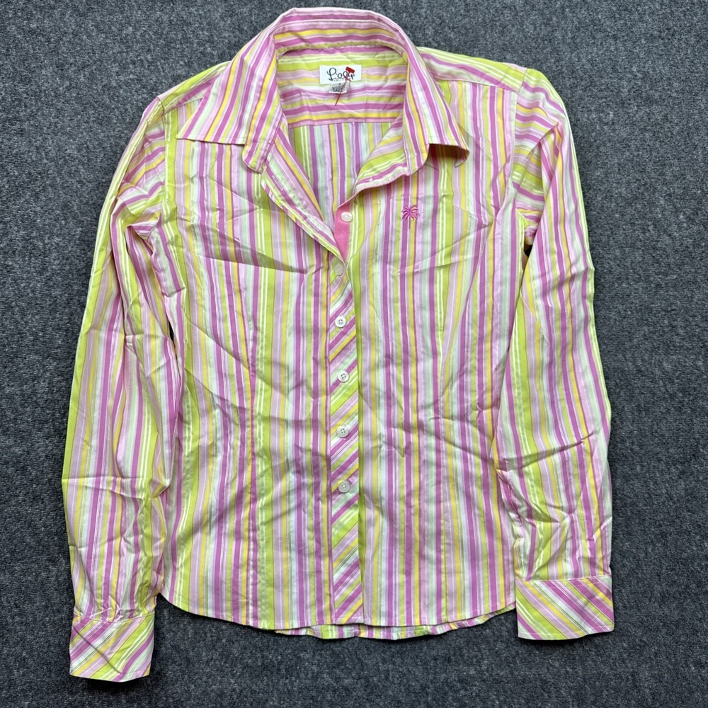 Lilly Pulitzer Striped Long Sleeved Button Down Shirt Size 2 Palm Tree Logo